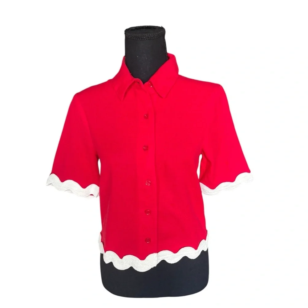 MANGO Red Scalloped Trim Cotton Button-Down Blouse (XS, NWT) E90 - Picture 2 of 8